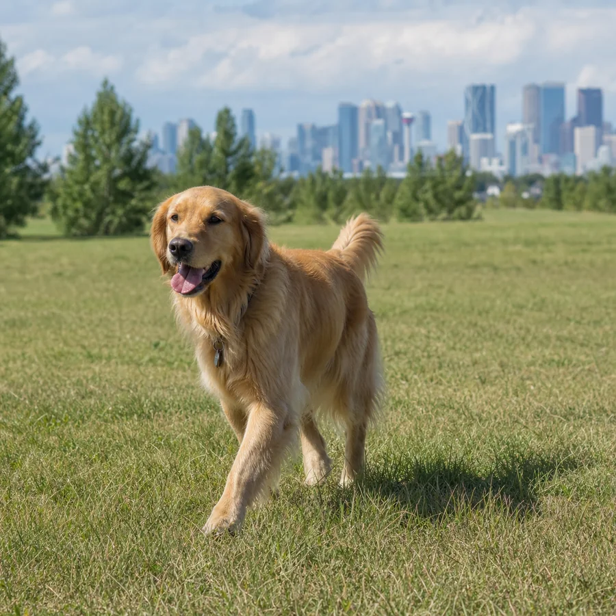 Golden retriever walking naturally through an off-leash park in Calgary