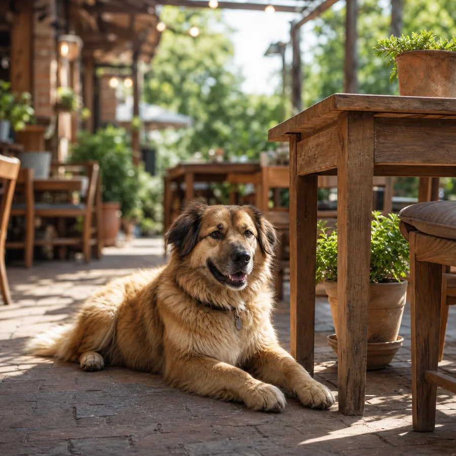 Dog relaxing beside a table on a dog-friendly patio