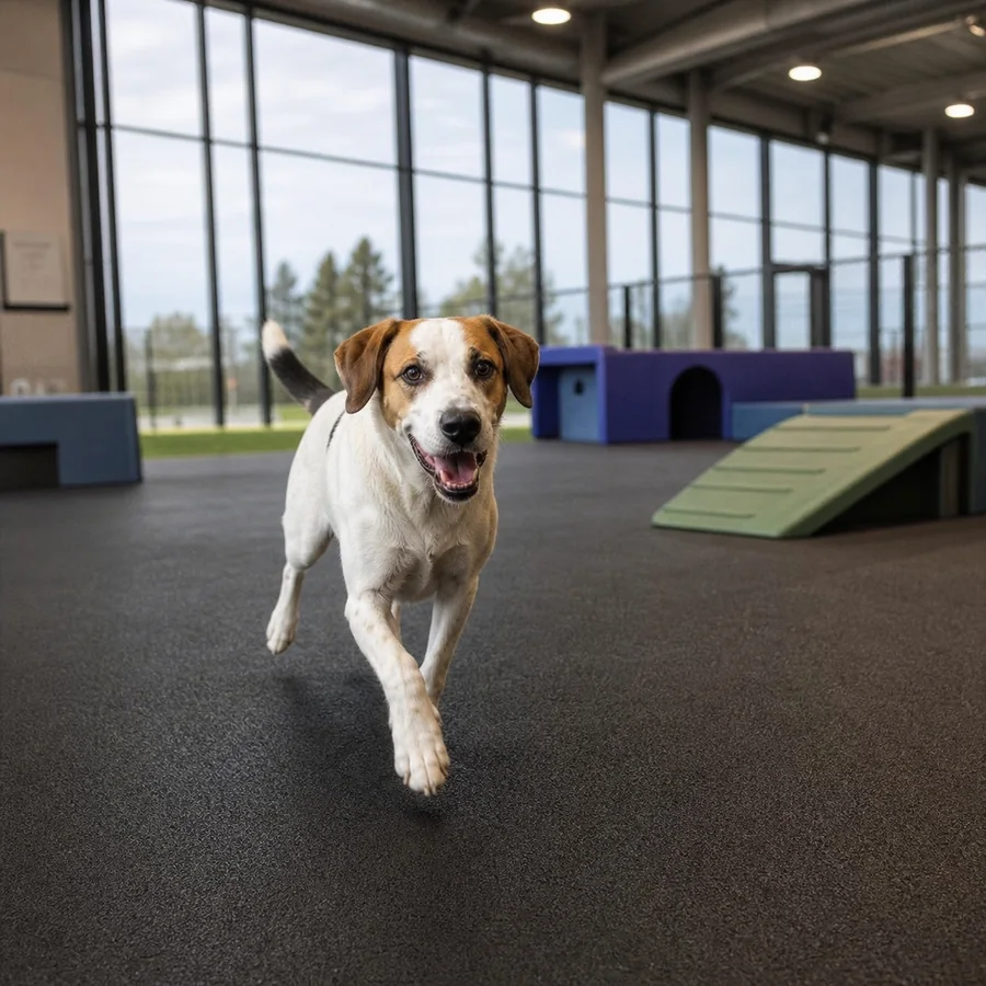 Dog running inside a bright indoor dog park