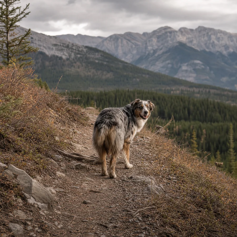 Dog pausing on a mountain trail near Calgary