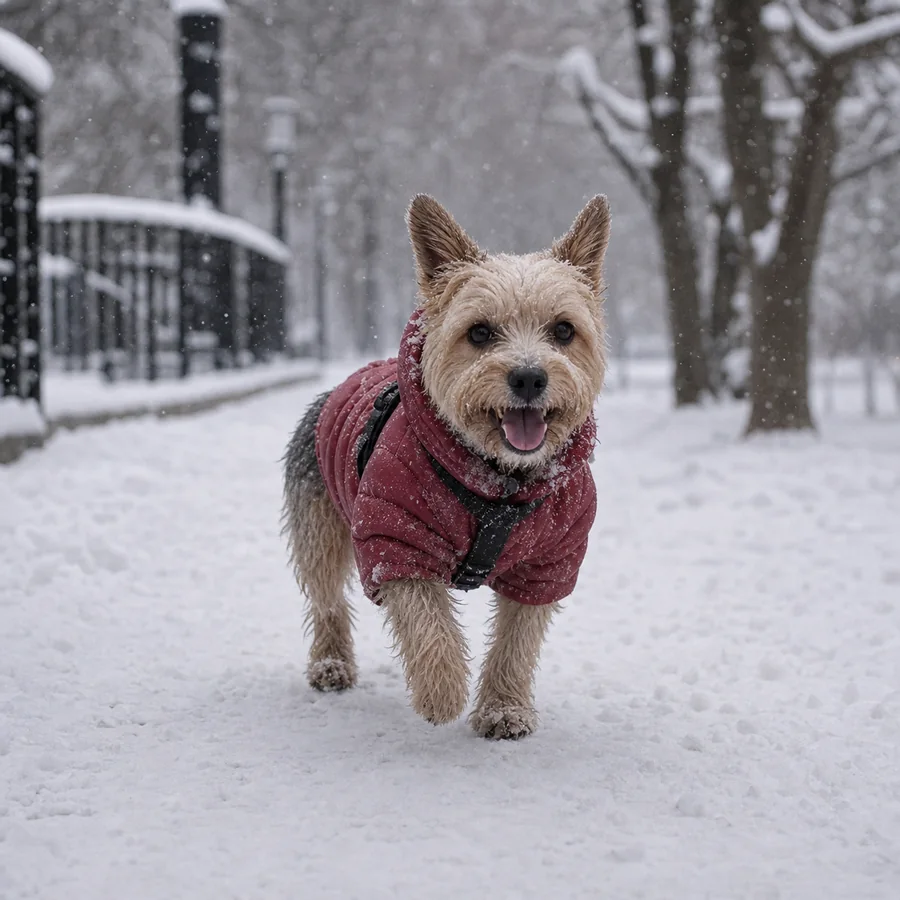 Small dog in a practical winter jacket walking through snow