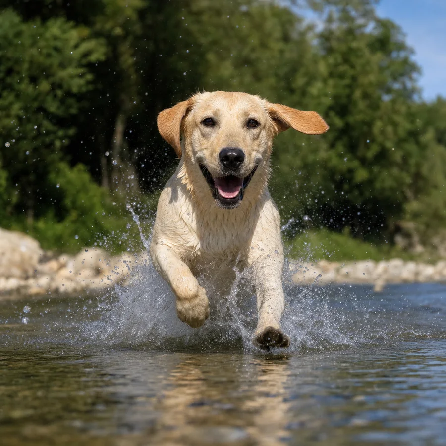 Wet dog splashing naturally through shallow water